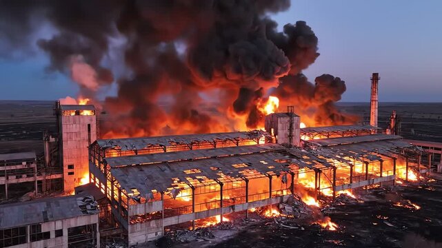 Aerial View of a Massive Industrial Factory Complex Engulfed in Flames and Thick Black Smoke Against a Dramatic Dusk