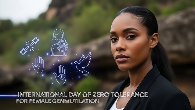 International day of zero tolerance for female genital mutilation awareness campaign with a determined black woman