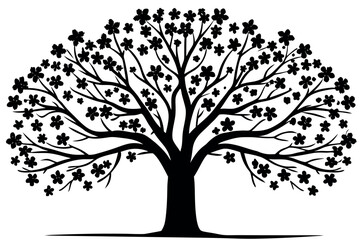 Obraz premium Stylized black silhouette of a flowering tree with a dense canopy against a white background isolated on white background