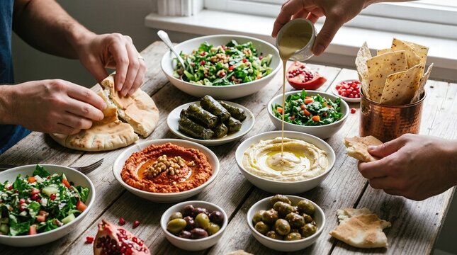 Mediterranean Feast with Dips and Salads - Powered by Adobe