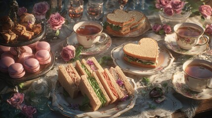 8k, realistic, full ultra HD, high resolution, cinematic photography A beautiful afternoon tea setup featuring heart-shaped sandwiches, pastries, and floral tea cups, arranged on a vintage table