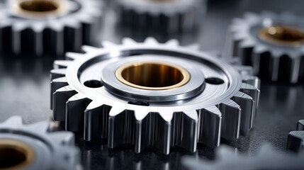 Naklejka premium A close up of a gear with a gold band around it. The gears are all different sizes and are arranged in a circle. Concept of precision and complexity, as gears are often used in machinery