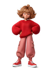 3D Confident Female Character Standing with Hands on Hips Isolated on White
