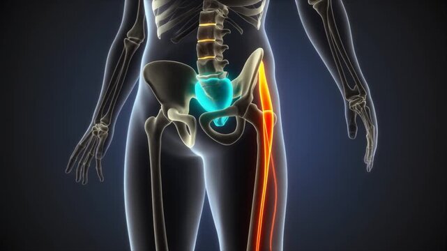Human Skeletal System with Highlighted Thigh Bone on Dark Background Anatomical Animation Medical Visualization Study