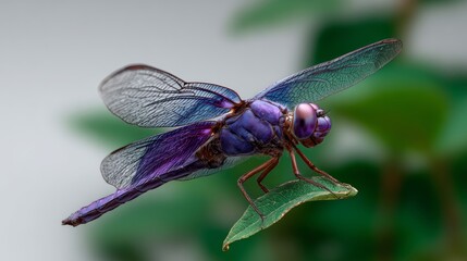 A purple dragonfly is perched on a leaf. Concept of tranquility and beauty, as the delicate creature rests on the vibrant green leaf. The dragonfly's iridescent wings shimmer in the light