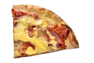 Slice of pizza with slices of  Parma ham and melted fontina cheese isolated