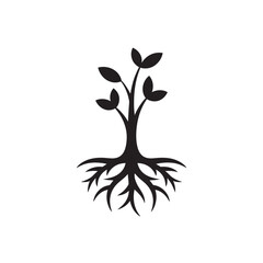 Obraz premium Stylized black icon of a young plant with leaves and visible roots representing growth and nature