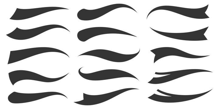 Swoosh tails for baseball team logo. Swash font lines for sport design. Calligraphic vintage vector decoration. Retro brush strokes. Curve ribbons and flourishes.
