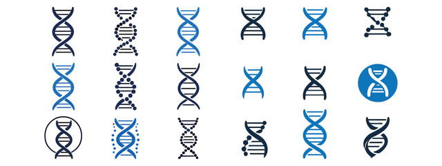 A large set of about 20 minimalist DNA icons in a modern flat style. Variations of the double helix DNA in a blue and light blue color scheme with thin lines.