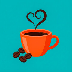A bright orange coffee cup filled with dark coffee emits heart-shaped steam, accompanied by three brown coffee beans.