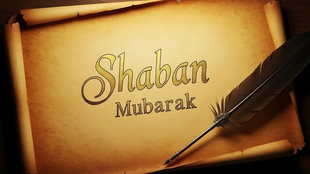 Shaban Mubarak text on antique paper scroll. Vintage parchment with feather quill pen.