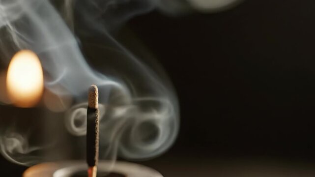 Close-up of an incense stick burning and producing swirling smoke. Aromatherapy and meditation concept with fluid smoke patterns against a dark background. Copy space for text