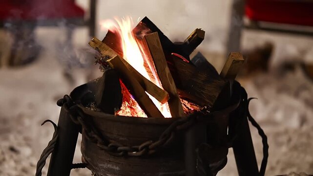 Burning firewood in metal brazier on snowy winter evening