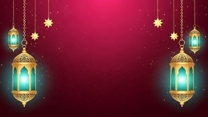 Golden and teal lanterns hanging on pink background. Islamic festival Shab e Barat decoration.