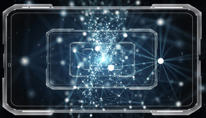 Futuristic design with digital connections and a central core of interconnected points. The overall aesthetic is clean, modern, and high-tech