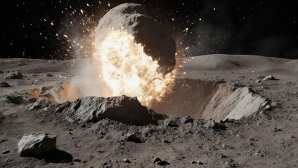 Massive asteroid impact explosion on the moon surface creating a large crater and debris.