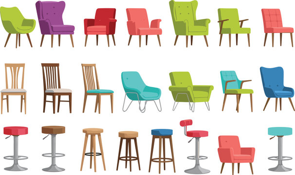 Collection of modern colorful furniture vector illustration featuring variety of armchairs wooden chairs and bar stools for interior design and home decor concepts