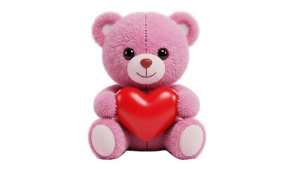 Pink Teddy Bear Holding Red Heart on White Background