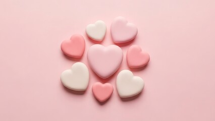 A collection of pastel pink and white heart shaped candies on a pink background