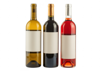 Three wine bottles with white labels alcohol drink isolated on a transparent background