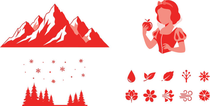 Snow white and the seven dwarfs scene with mountains on transparent background silhouette