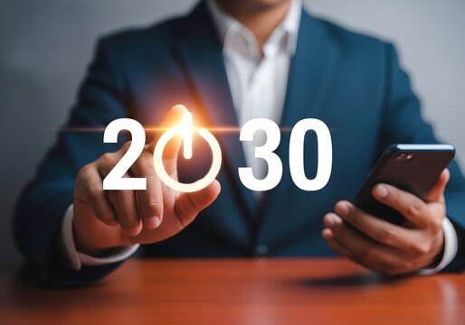 A person in a suit touching a glowing power button in the year 2030 while holding a phone