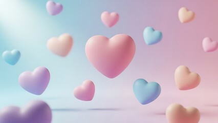 Pastel hearts floating in a dreamy gradient sky