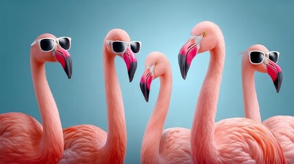 A group of flamingos wearing sunglasses and standing in a row. The image conveys a fun and playful mood, as the flamingos are dressed up in sunglasses and appear to be posing for a photo
