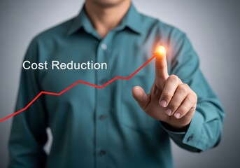 Man in blue shirt touching a red upward trending line with cost reduction text overlayed on image