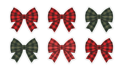 Template set sticker red and green ribbon Buffalo plaid bow collection, farmhouse style bow isolated on the white background birthday bow illustration with png Transparent