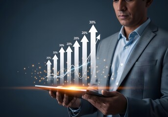 Man in suit holding tablet with upward trending arrow graph and percentage indicators floating above it