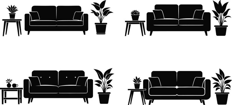 Black sofa and plant arrangements in a room silhouette on transparent background