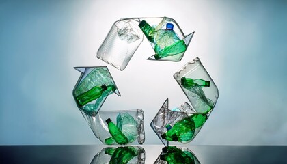 conceptual image of a recycle symbol formed with crushed transparent plastic bottles highlighting eco friendliness