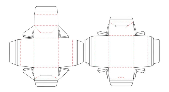 Technical drawing of two different cardboard box die-cut templates with fold lines and flaps for product packaging design and manufacturing.