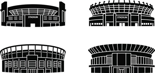 Black stadium icons set architectural structures arena designs on transparent background silhouette © Jesmin
