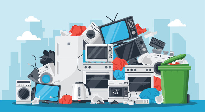 Depictive illustration of a huge mountain of electronic waste including old TVs, appliances, and a green trash can against a city skyline.