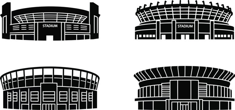Black stadium icons set architectural structures arena designs on transparent background silhouette
