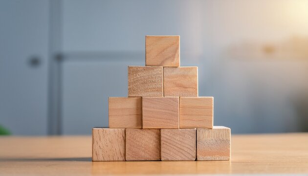 wooden blocks stacked in pyramid shape on table business concept strategy