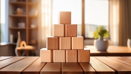 stacked wooden toy blocks forming a pyramid on a wooden table indoor background