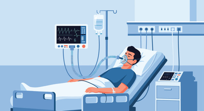 Male patient lying in a hospital bed connected to medical monitors and a ventilator machine for respiratory support.