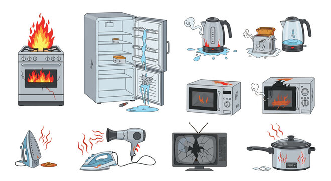 Set of broken and damaged household appliances featuring a burning stove and leaking refrigerator and microwave.
