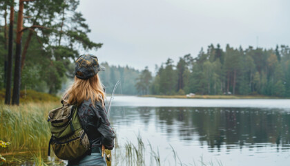 Young woman fishing by tranquil lake surrounded by lush forest and serene nature under cloudy sky