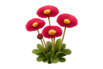 Grouping of pink and red daisy-like flowers with green leaves and yellow centers, flourishing on a transparent background