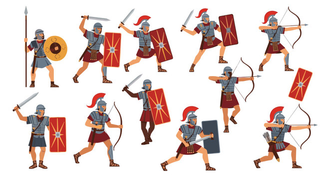 Group of ancient Roman legionary soldiers in armor with shields and swords and spears and bows in combat poses for history.