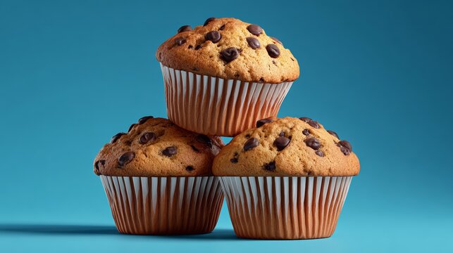 Three muffins stacked on top of each other with chocolate chips. The muffins are placed on a blue background