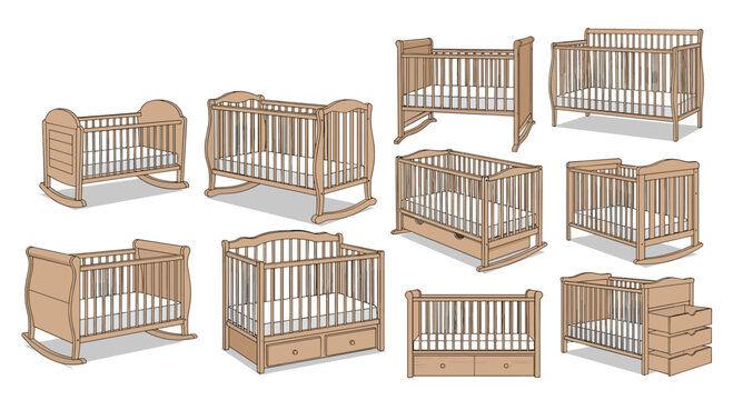 Collection of various wooden baby cribs and cradles in different designs including some with drawers.