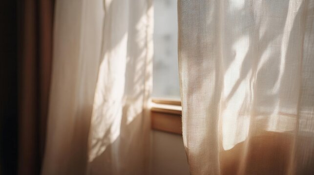 Close-up of a window with sheer white curtains. the curtains are open, allowing natural light to enter the room.