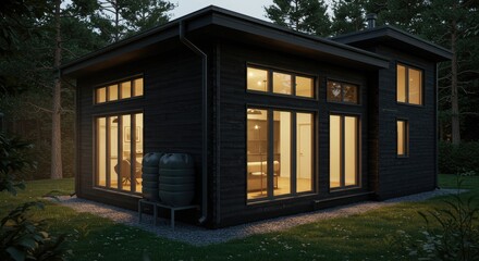 Fototapeta premium Dark modern cabin nestled in a tranquil forest at twilight. Large windows illuminate the interior