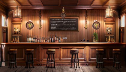 traditional or british style bar or pub interior with wooden paneling