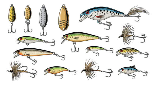 Detailed set of fishing lures and artificial baits including crankbaits spoons and flies for angling hobby.